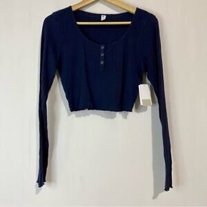 BP. Women’s Scoop Neck Waffle Knit Cropped Henley Long Sleeve Navy Size Med NWT
